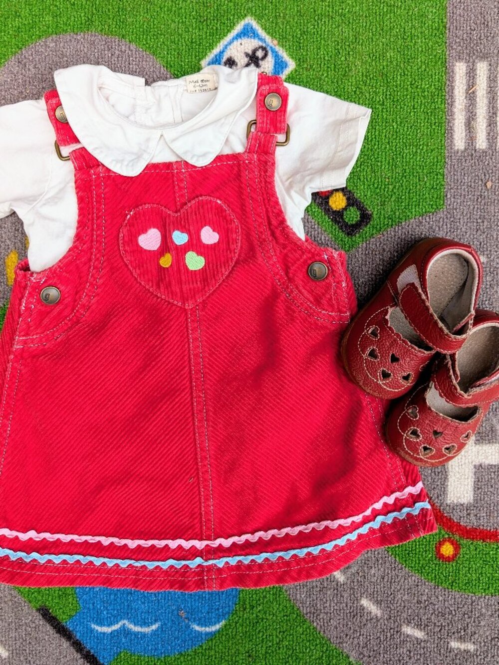 3 Piece Girl's Outfit Red Corduroy Jumper with Shirt and Shoes 6-12 Months